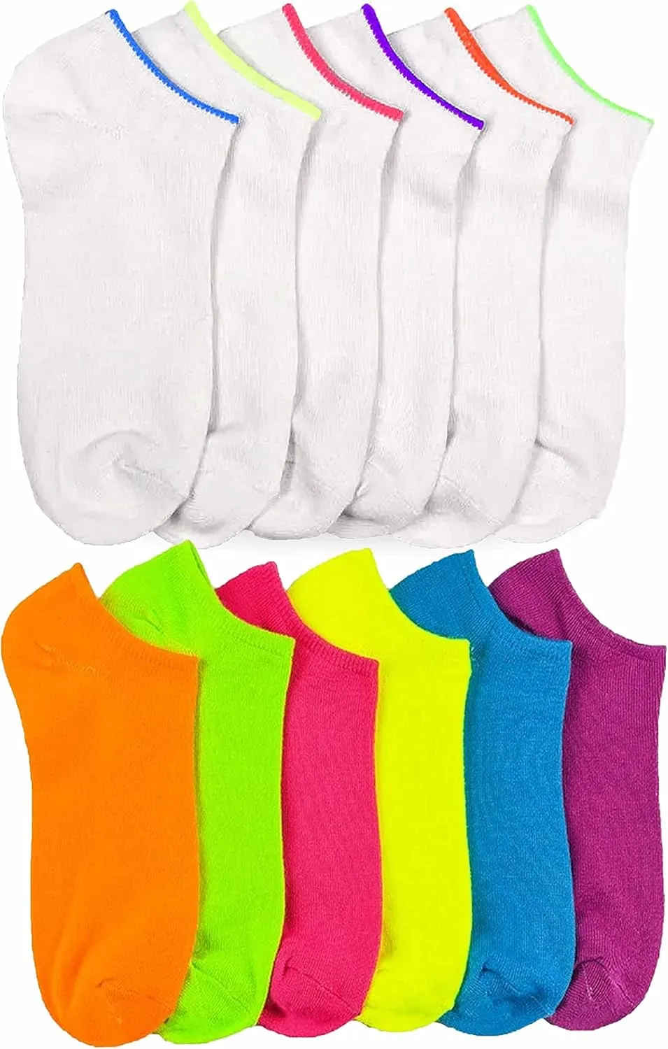 12 Pair Womens Low Cut Ankle Socks White Neon Color Sports Girls No Show 9-11