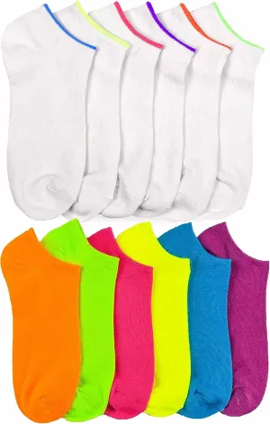 12 Pair Womens Low Cut Ankle Socks White Neon Color Sports Girls No Show 9-11