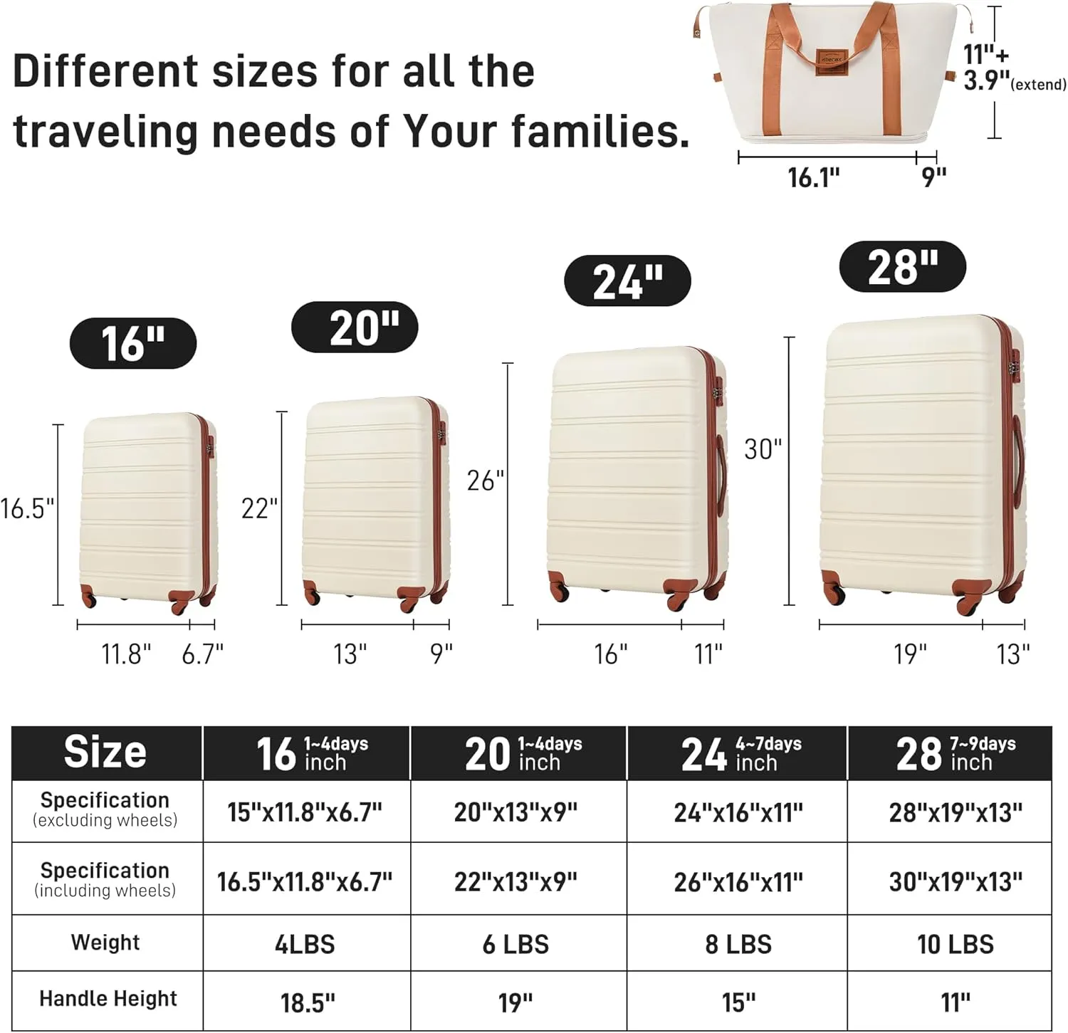 13 Pcs Luggage Sets, Hardshell Luggage Sets, Lightweight Suitcase with TSA Lock 16" 20" 24" 28" Luggages & 1 Travel Bag & 8 Luggage Storage Bags, Brown White