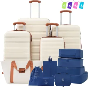 13 Pcs Luggage Sets, Hardshell Luggage Sets, Lightweight Suitcase with TSA Lock 16" 20" 24" 28" Luggages & 1 Travel Bag & 8 Luggage Storage Bags, Brown White