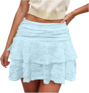 2025 Women Floral Lace Slip Skirts Low Waist Ruffle Layered Pleated Mini Skirts Y2k Flowy Tiered Short Skirt
