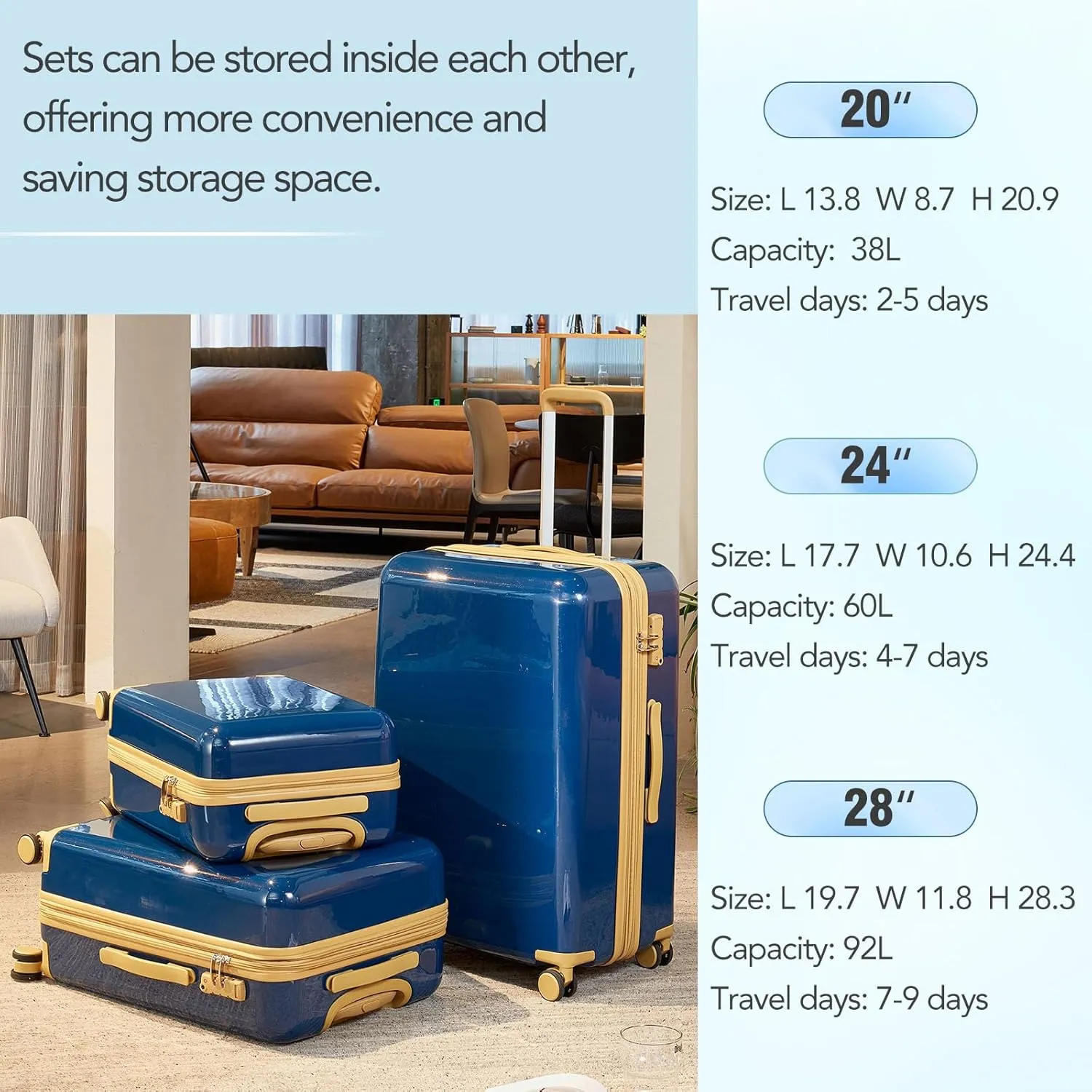 3 Piece Luggage Set,Expandable Hard Shell Luggage Set with Spinner Wheels & TSA Lock, Lightweight Travel Luggage Set,Carry on Luggage for Business Trip Blue 2