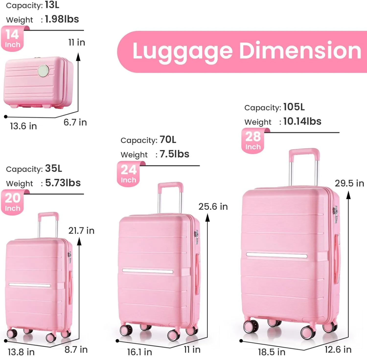 4 Piece Luggage Sets,Hardshell Lightweight Suitcase with Spinner Wheels & TSA Lock,Expandable Carry On Luggage Set,Travel Luggage Set for Women Men Family Pink