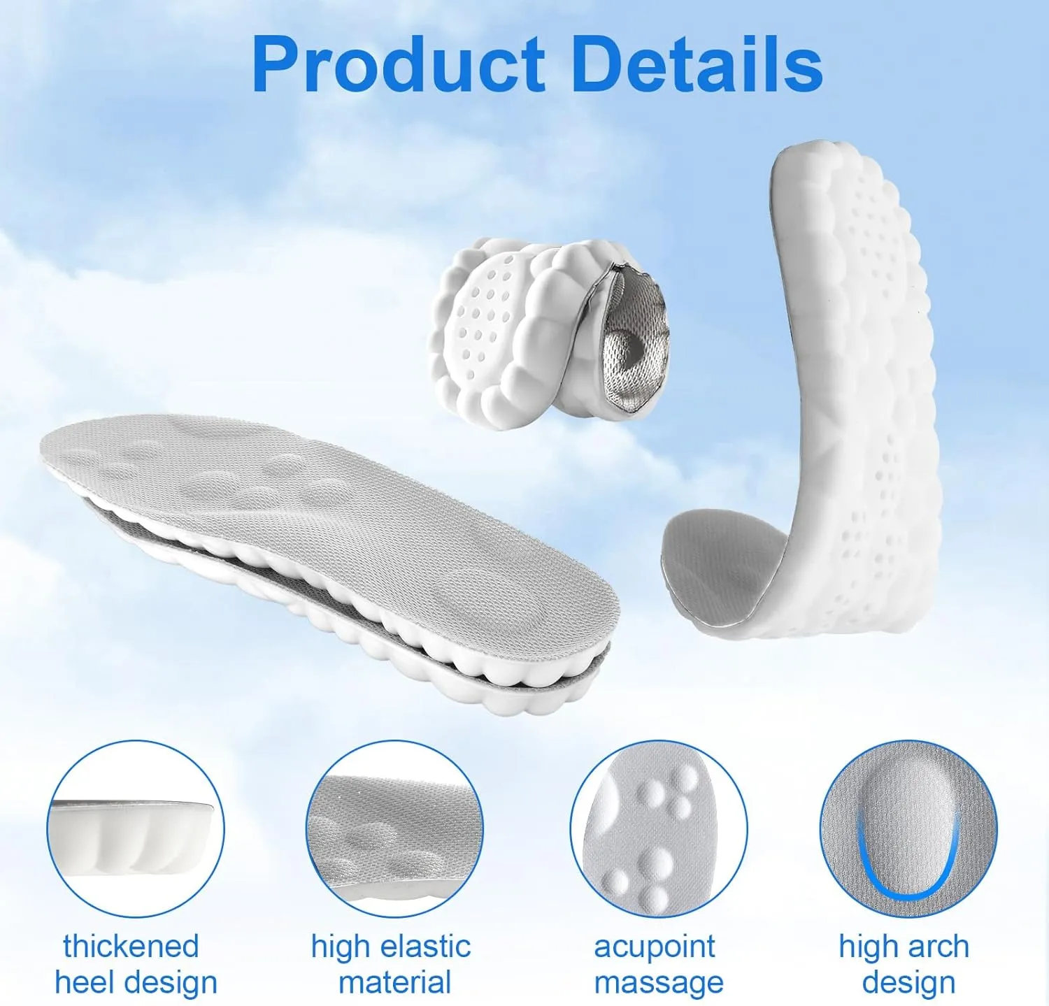 4D Cloud Insoles for Men Women, Super Soft Comfortable Steppers Insoles with Arch Support Memory Foam Cushioning Cloud Sports Shoes Soles Foot Pain Relief and Fatigue Reduction(10-11, Gray)