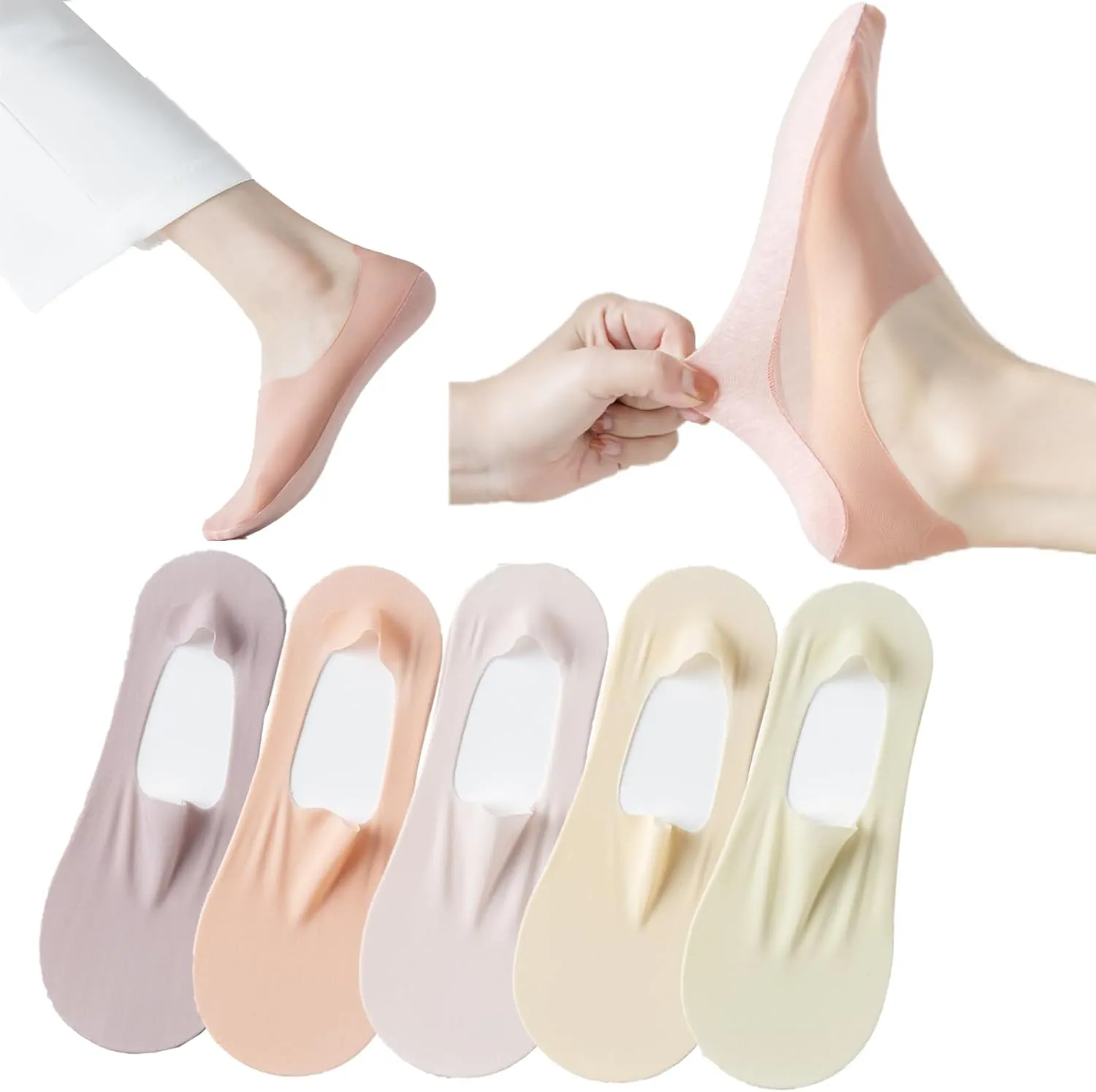 5 Pairs Invisible Ice Silk Breathable No Show Socks, Ultra Low Cut Liner Non Slip Hidden for Women