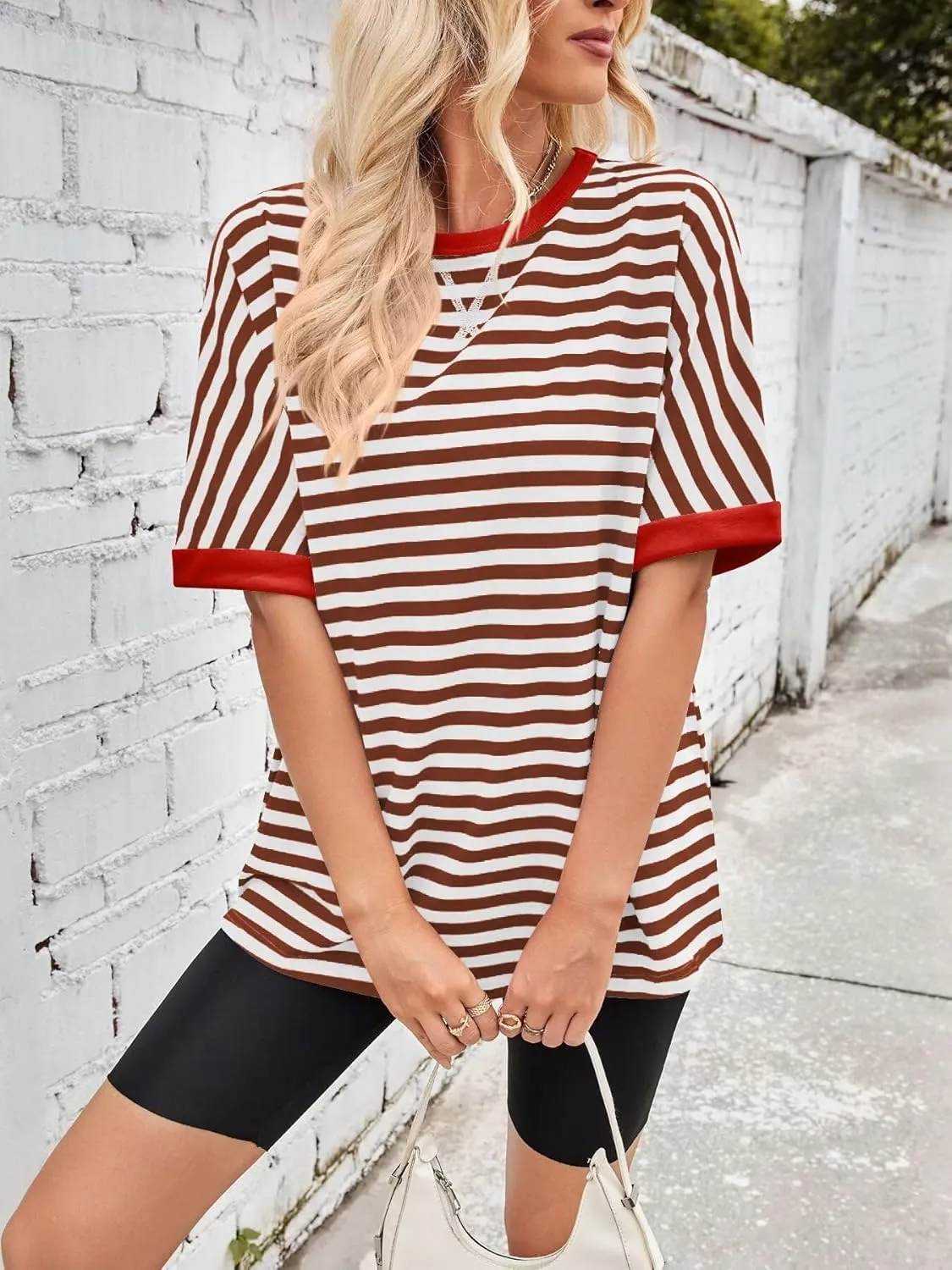 Ahtyeo Women's Oversized T Shirts Striped Loose Fit Short Sleeve Crewneck Summer Tops Casual Basic Tee 2025 Shirts