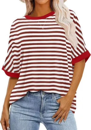 Ahtyeo Women's Oversized T Shirts Striped Loose Fit Short Sleeve Crewneck Summer Tops Casual Basic Tee 2025 Shirts