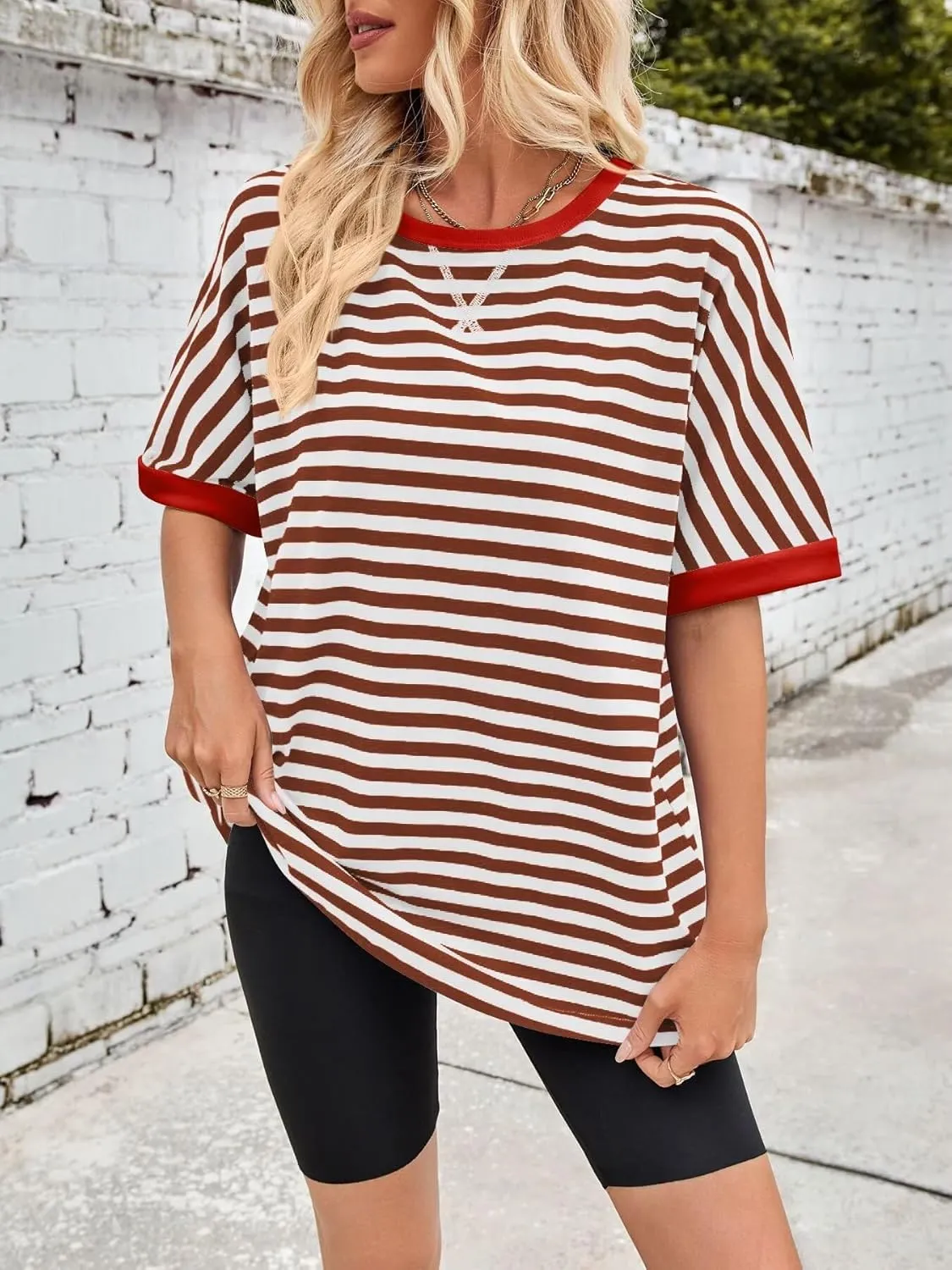 Ahtyeo Women's Oversized T Shirts Striped Loose Fit Short Sleeve Crewneck Summer Tops Casual Basic Tee 2025 Shirts