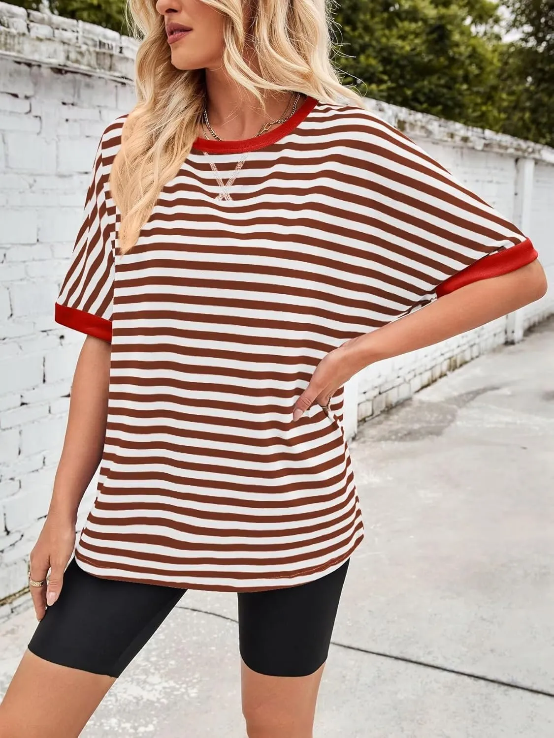 Ahtyeo Women's Oversized T Shirts Striped Loose Fit Short Sleeve Crewneck Summer Tops Casual Basic Tee 2025 Shirts