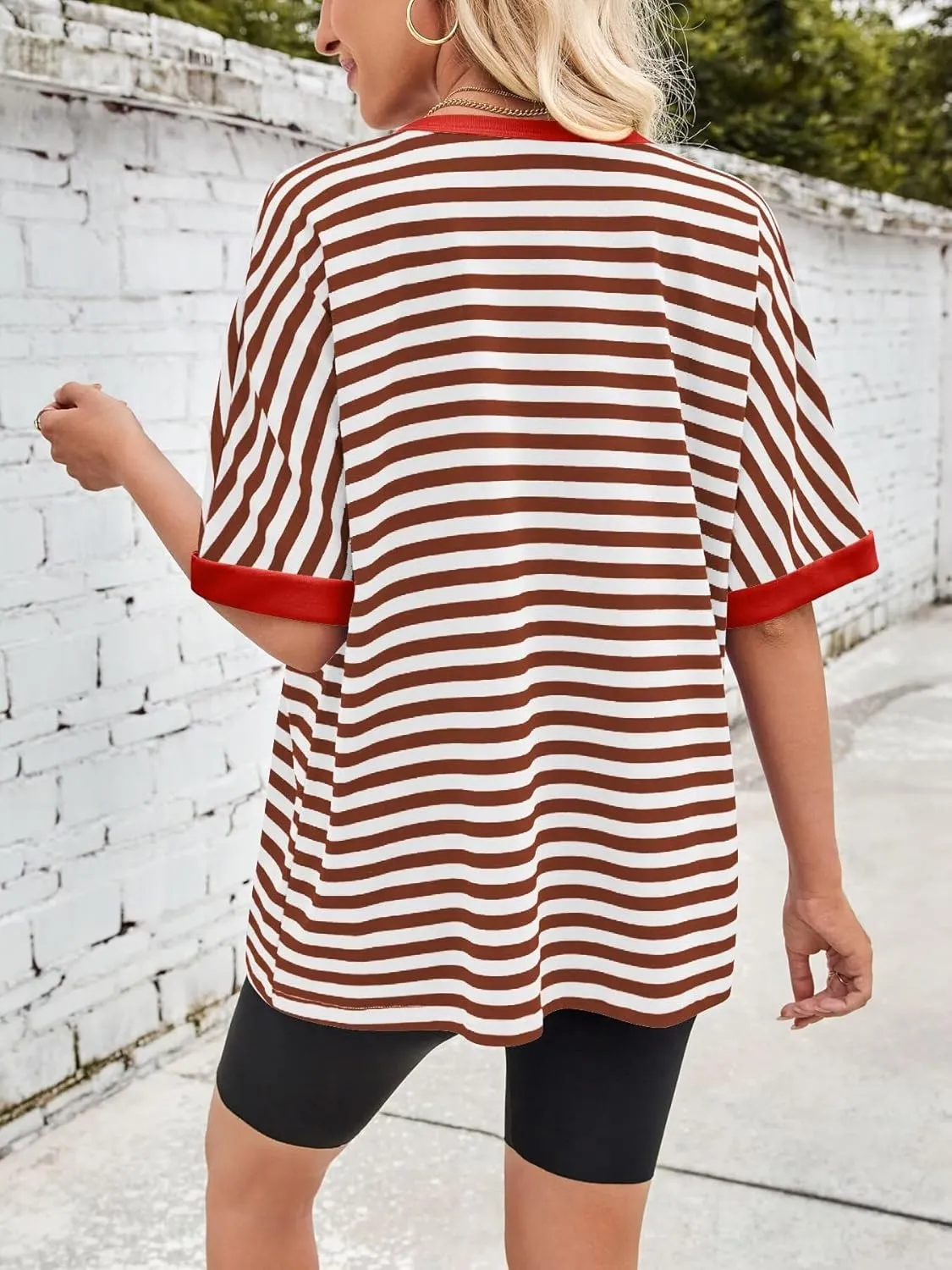 Ahtyeo Women's Oversized T Shirts Striped Loose Fit Short Sleeve Crewneck Summer Tops Casual Basic Tee 2025 Shirts
