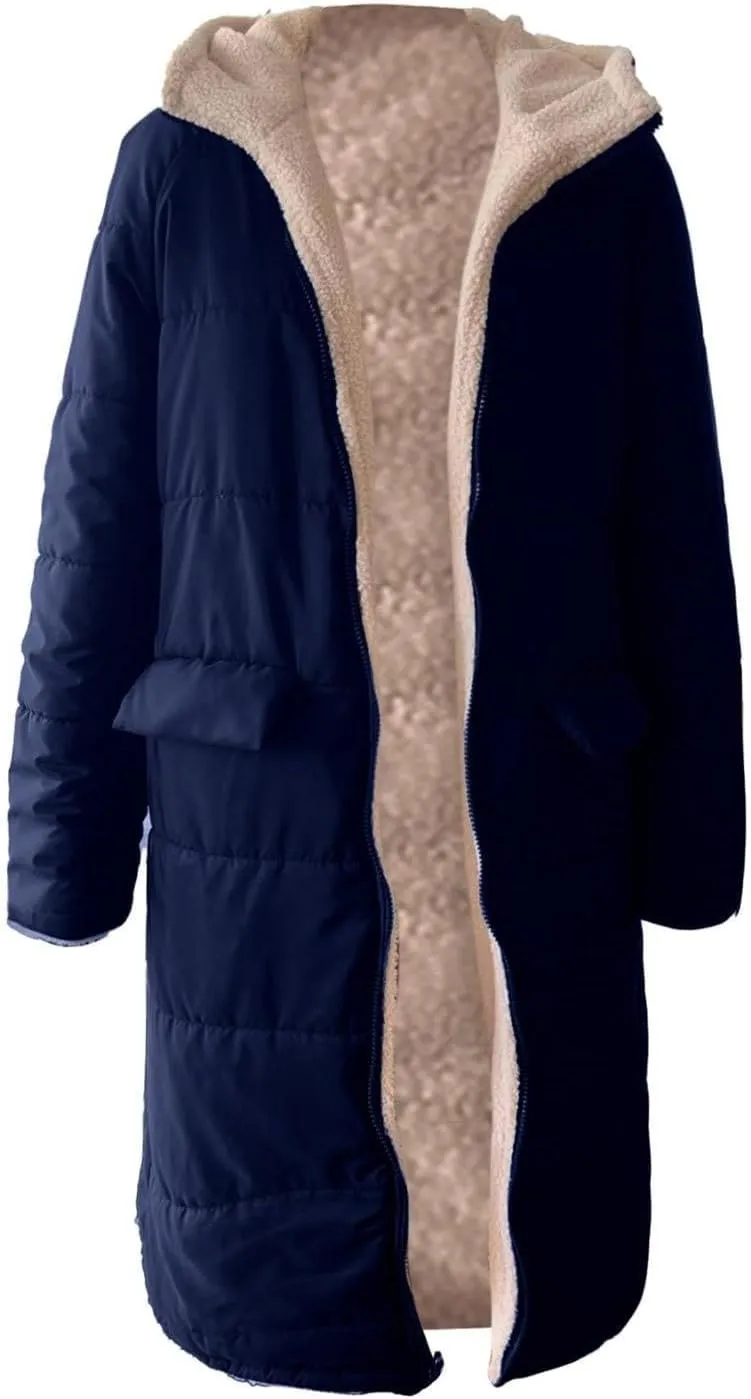 Akivide Womens Fleece Lined Long Jackets Casual Long Sleeve Full Zip Hooded Padded Coat Oversized Winter Warm Coat Outerwear
