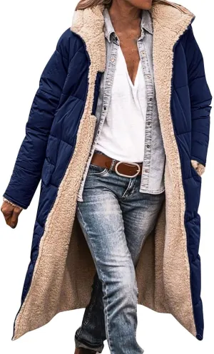 Akivide Womens Fleece Lined Long Jackets Casual Long Sleeve Full Zip Hooded Padded Coat Oversized Winter Warm Coat Outerwear