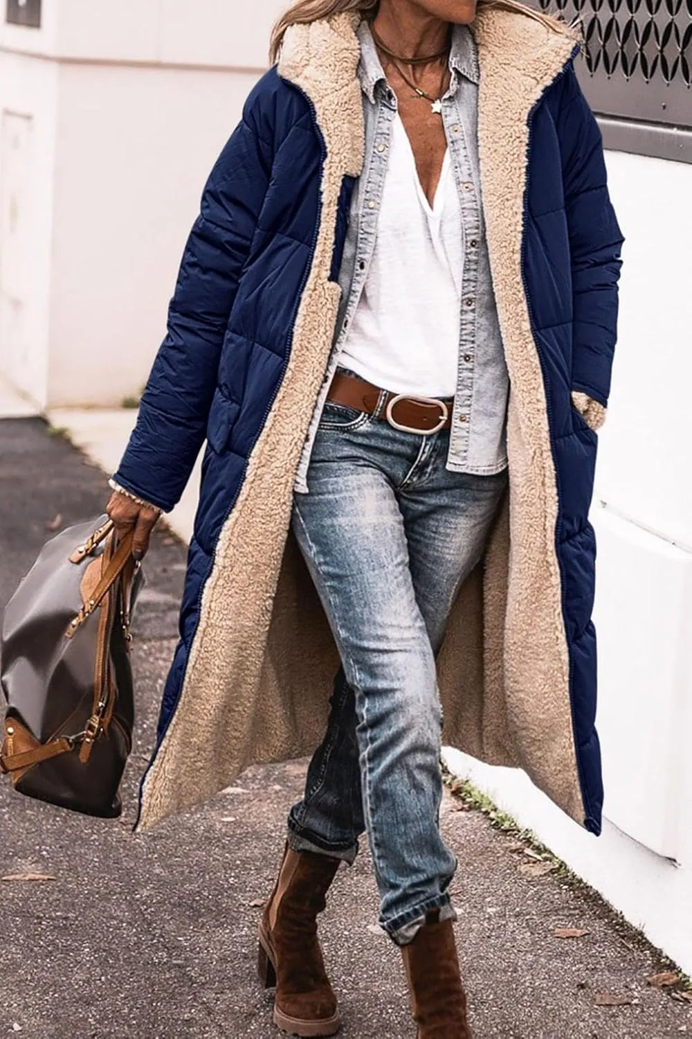 Akivide Womens Fleece Lined Long Jackets Casual Long Sleeve Full Zip Hooded Padded Coat Oversized Winter Warm Coat Outerwear