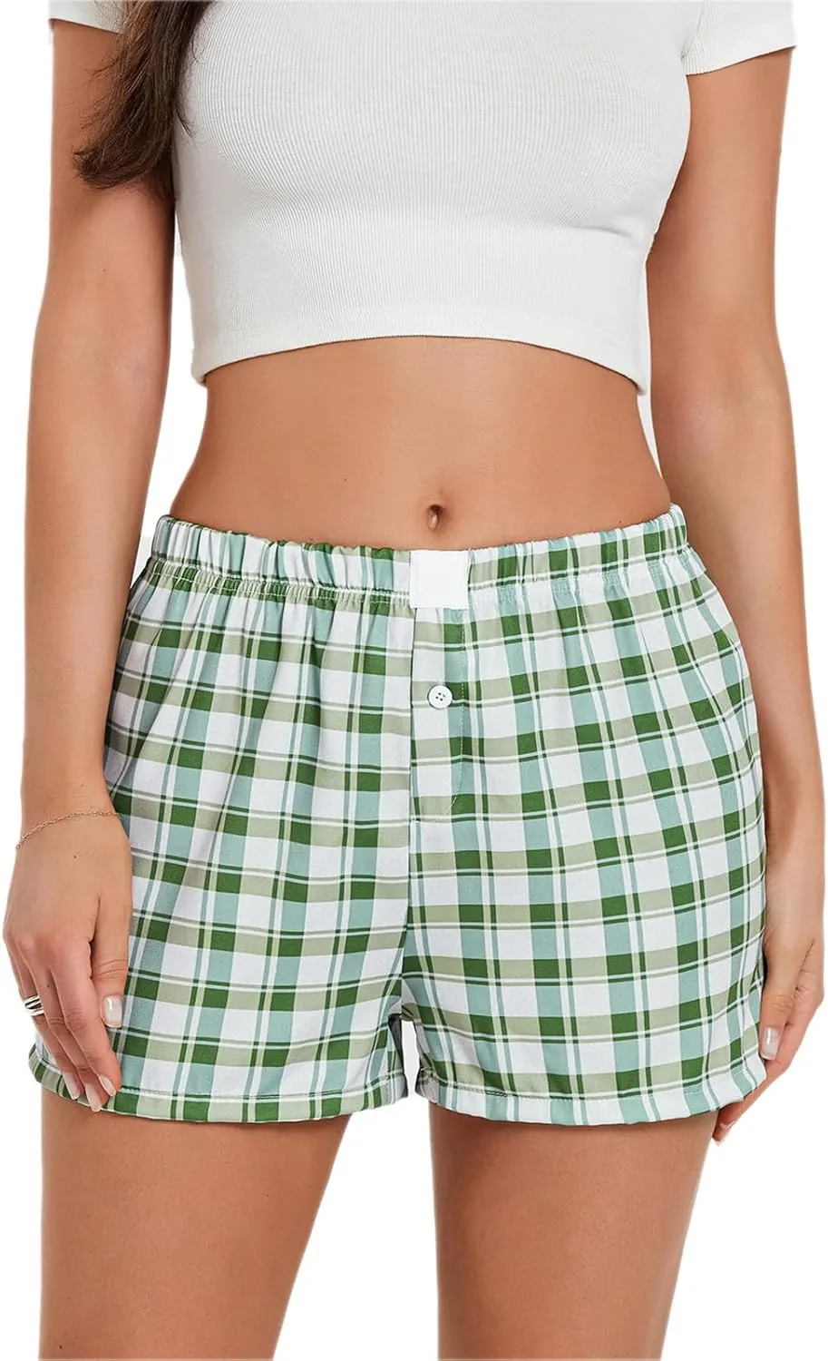 Amiblvowa Women Boxer Shorts Low Waisted PJ Elastic Comfortable Y2k Pajamas Plaid Striped Gingham Lounge Home Clothing