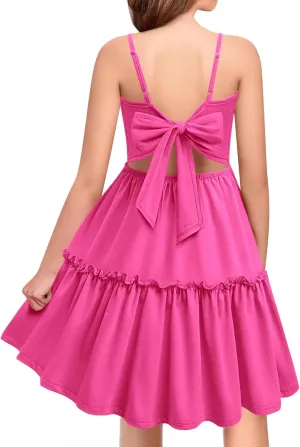 Arshiner Girls Tie Back Dress Spaghetti Strap Ruffle Hem Casual Summer Beach Sundress with Pockets