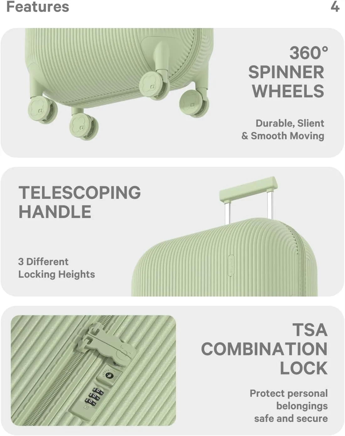 artrips Checked Luggage 24 inch,Medium Suitcase with 8 Spinner Wheels,PC Lightweight Hardside Luggage with Cover Protector,Stripe Pattern Design,TSA Lock,Green,Checked-Medium 24-Inch,55L