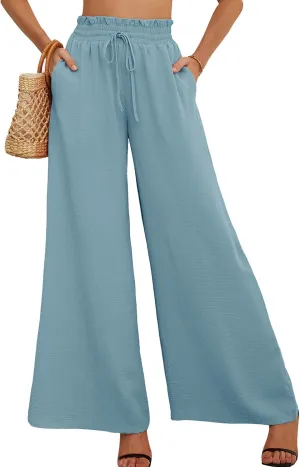 AusLook Women's Wide Leg Dress Pants with Pockets Lightweight High Waisted Adjustable Tie Knot Loose Lounge Trousers