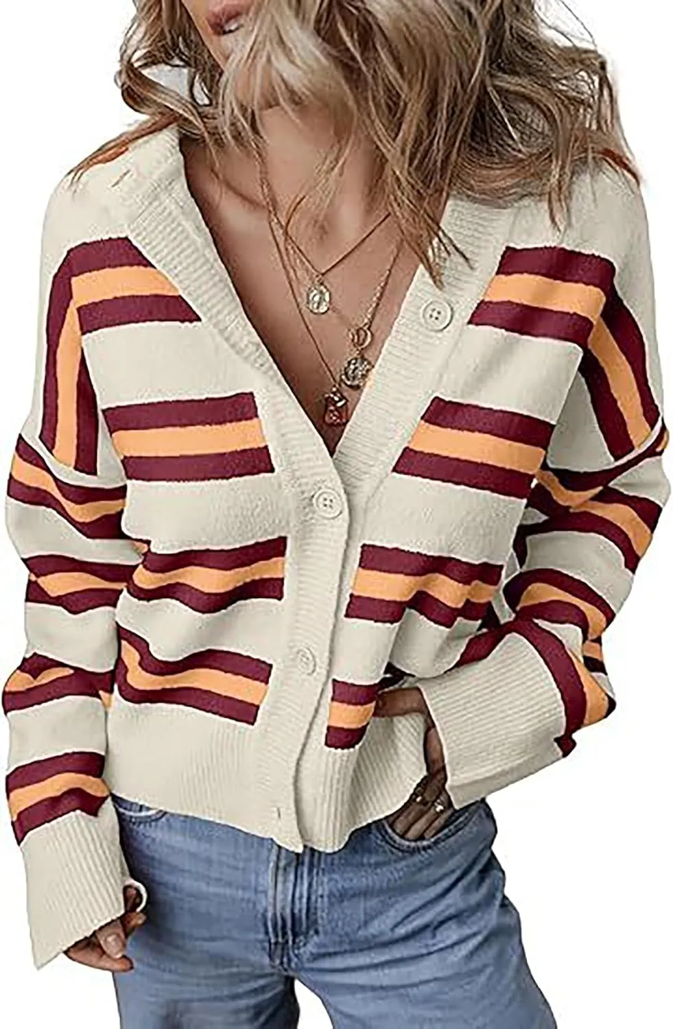 BAIMORE Women's Trendy Crew Neck Striped Long Sleeve Open Front Button Chunky Knit Cardigan