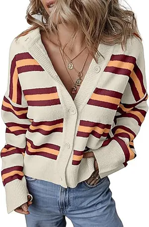 BAIMORE Women's Trendy Crew Neck Striped Long Sleeve Open Front Button Chunky Knit Cardigan