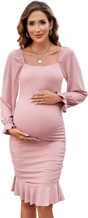 BeautyNee Women's Short Puff Sleeve Maternity Dress Summer Square Neck Ruffle Hem Smocked Bodycon Dress for Baby Shower