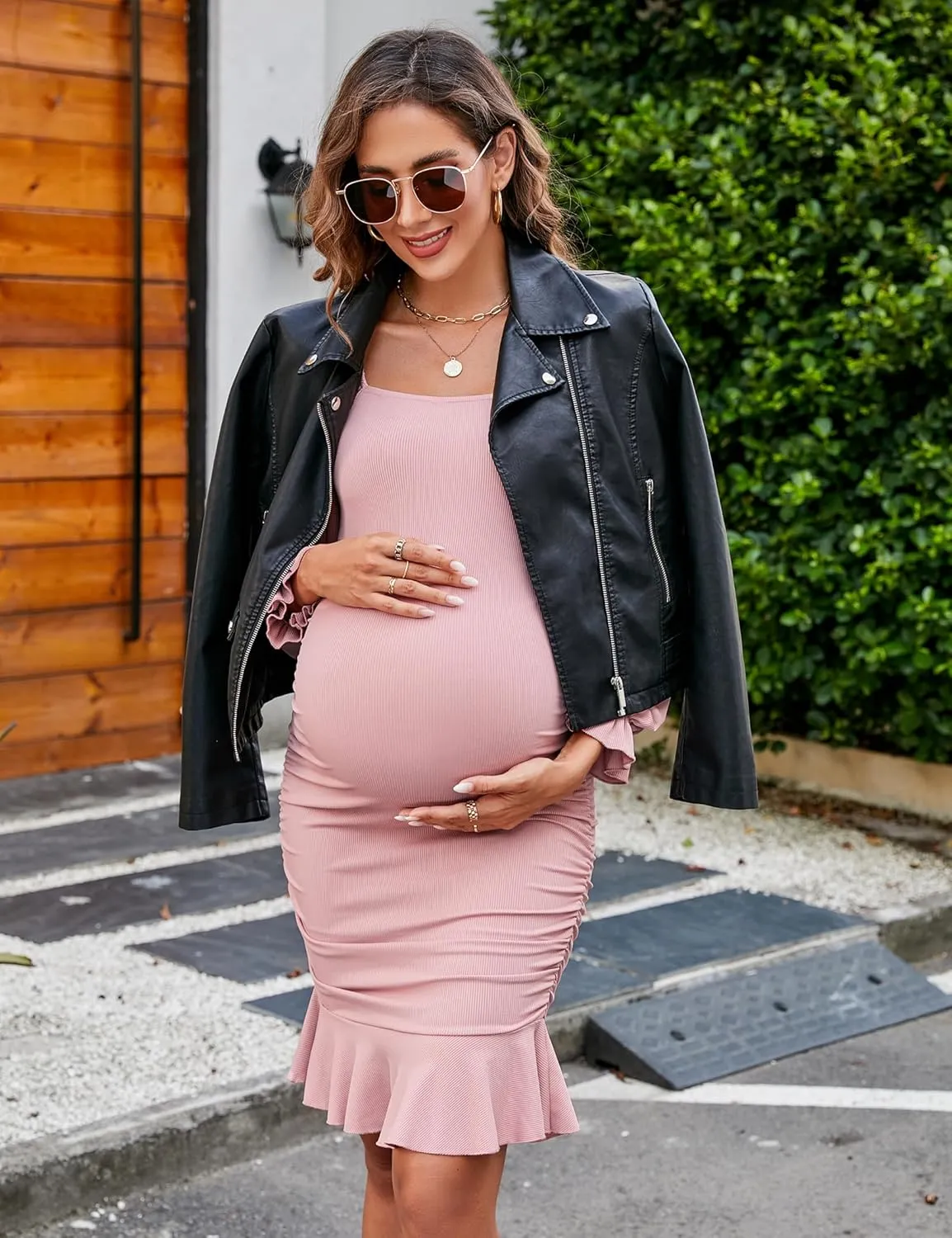 BeautyNee Women's Short Puff Sleeve Maternity Dress Summer Square Neck Ruffle Hem Smocked Bodycon Dress for Baby Shower