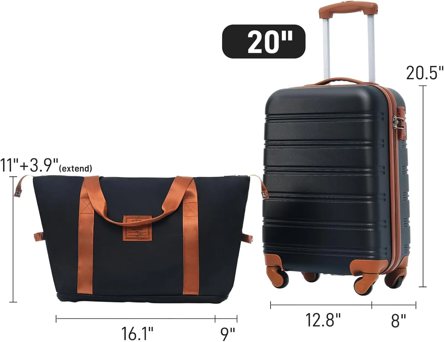belupai 20 Inch Hardshell Luggage with Travel Bag,Lightweight 2 Piece Sets with TSA Lock and Spinner Wheels (Black)