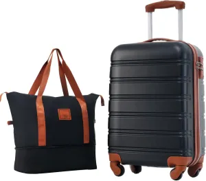 belupai 20 Inch Hardshell Luggage with Travel Bag,Lightweight 2 Piece Sets with TSA Lock and Spinner Wheels (Black)