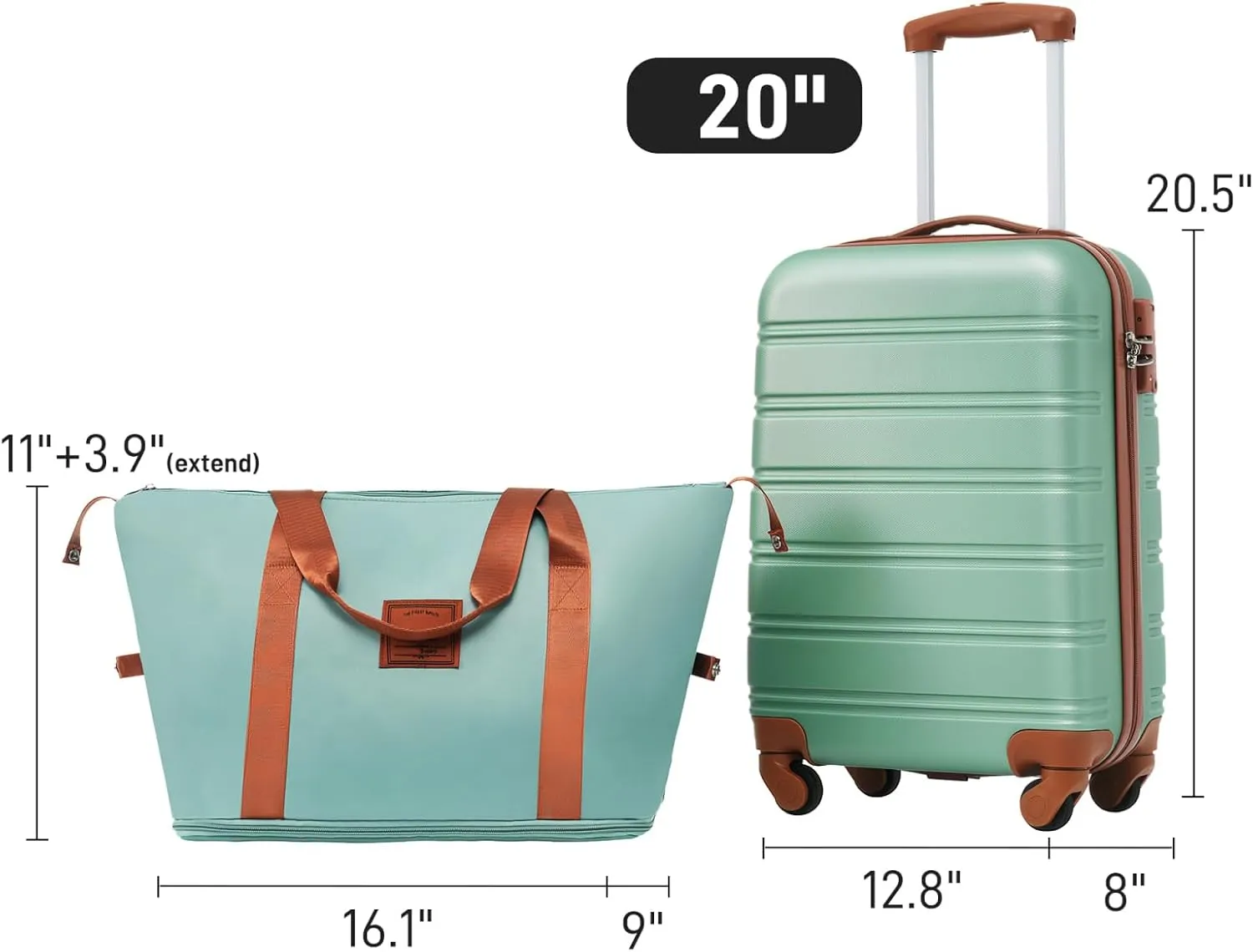 belupai 20 Inch Hardshell Luggage with Travel Bag,Lightweight 2 Piece Sets with TSA Lock and Spinner Wheels (Green)