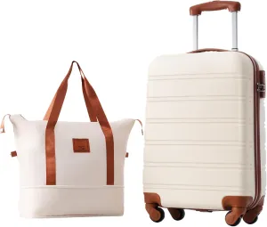 belupai 20 Inch Hardshell Luggage with Travel Bag,Lightweight 2 Piece Sets with TSA Lock and Spinner Wheels (White)