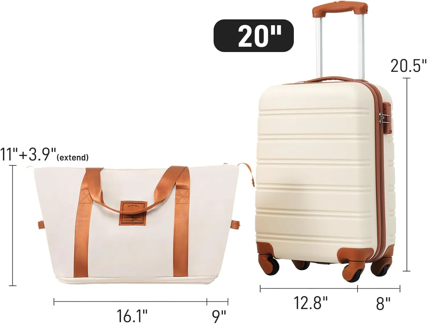 belupai 20 Inch Hardshell Luggage with Travel Bag,Lightweight 2 Piece Sets with TSA Lock and Spinner Wheels (White)