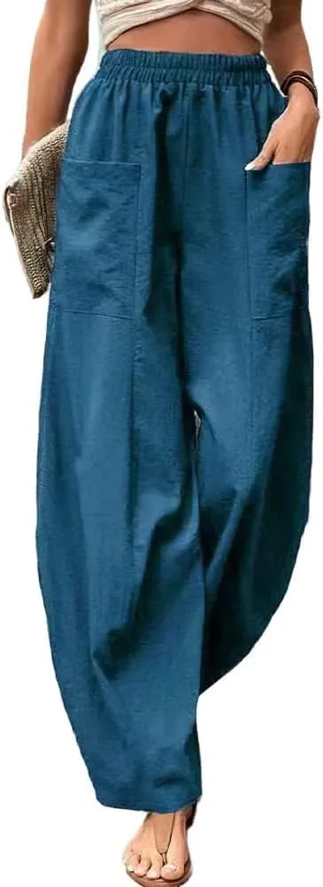 Bengbobar Wide Leg Pants Harem Pants Women High Waist Relaxed Fit Lantern Trousers Cotton Linen Casual Summer Elastic Pants