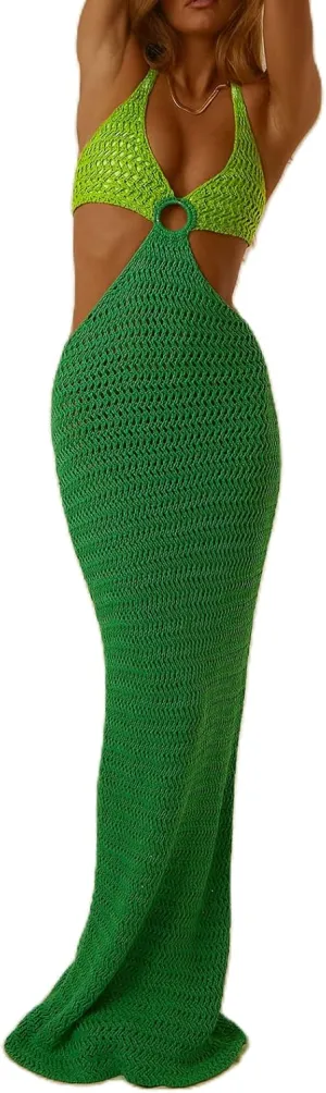 Bodycon Dresses for Women Summer Knit Hollow Out Sexy Night Out Midi Maxi Dress Sleeveless Long Cut Out Dress