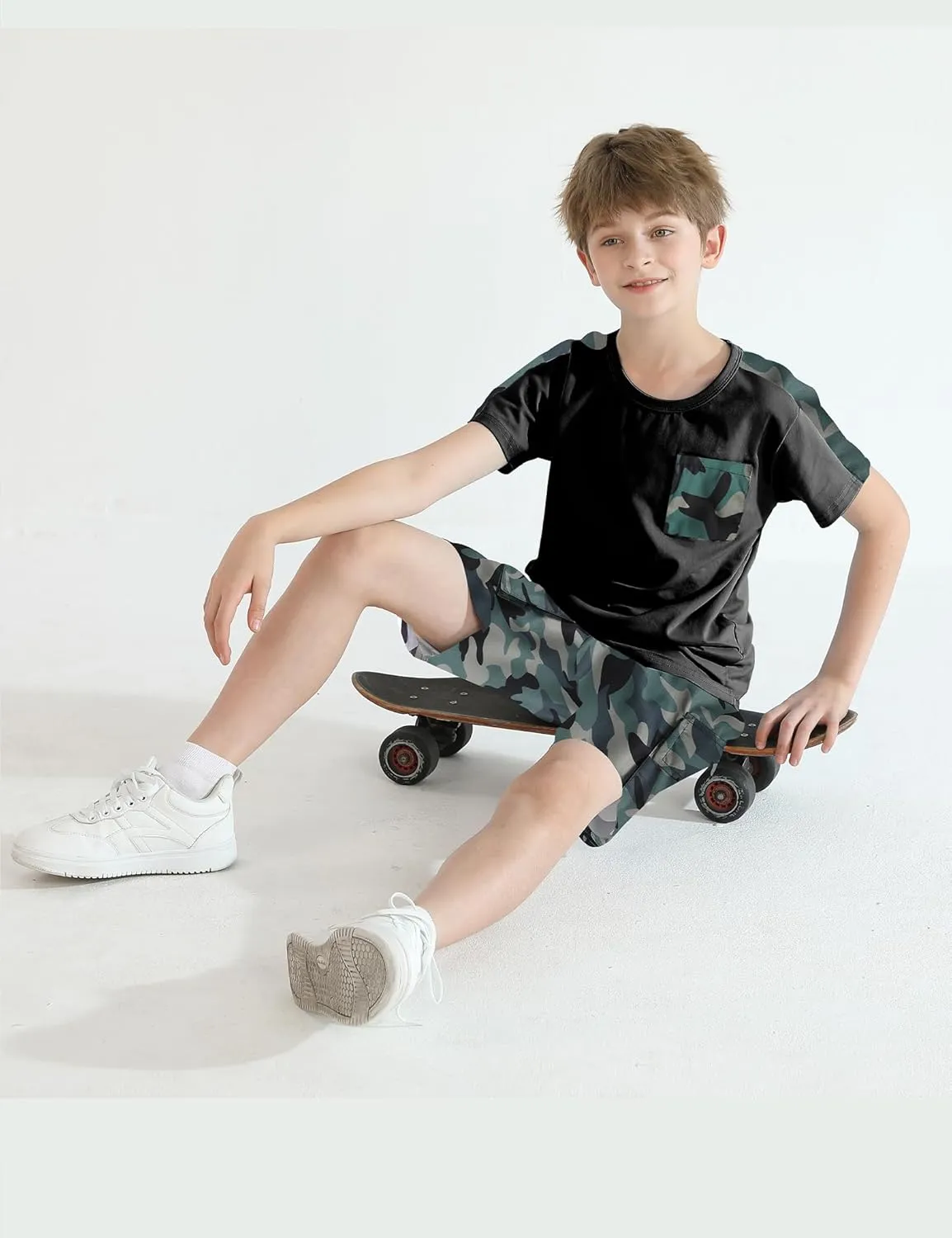 Boys clothes camouflage stitching short-sleeved T-shirt camouflage shorts teen boys summer outfits
