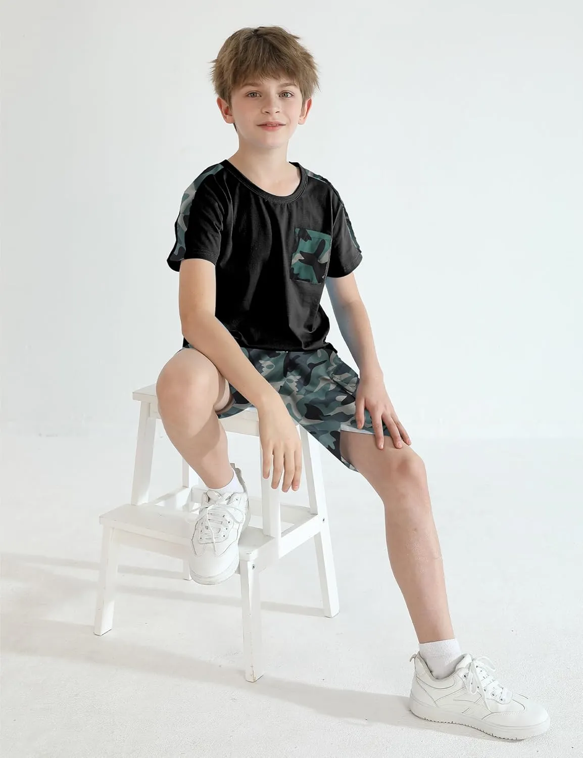 Boys clothes camouflage stitching short-sleeved T-shirt camouflage shorts teen boys summer outfits