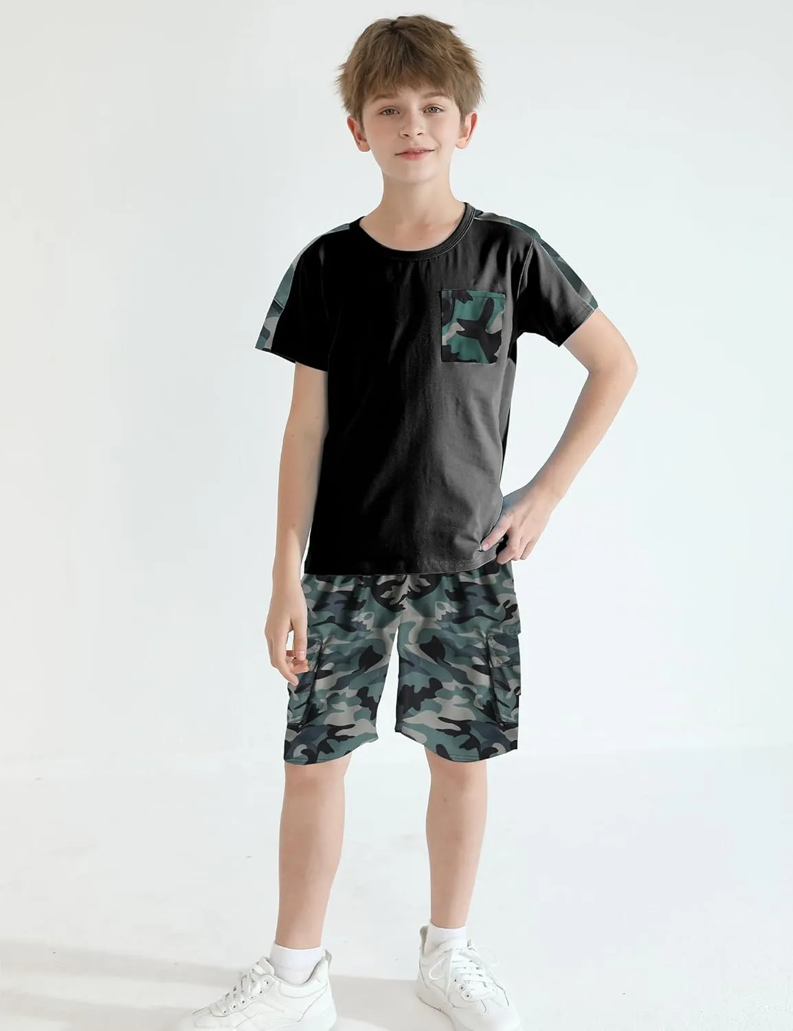 Boys clothes camouflage stitching short-sleeved T-shirt camouflage shorts teen boys summer outfits