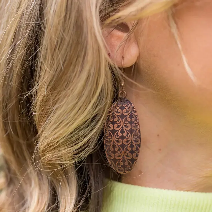 Brown Ornate Patina Oval Earrings