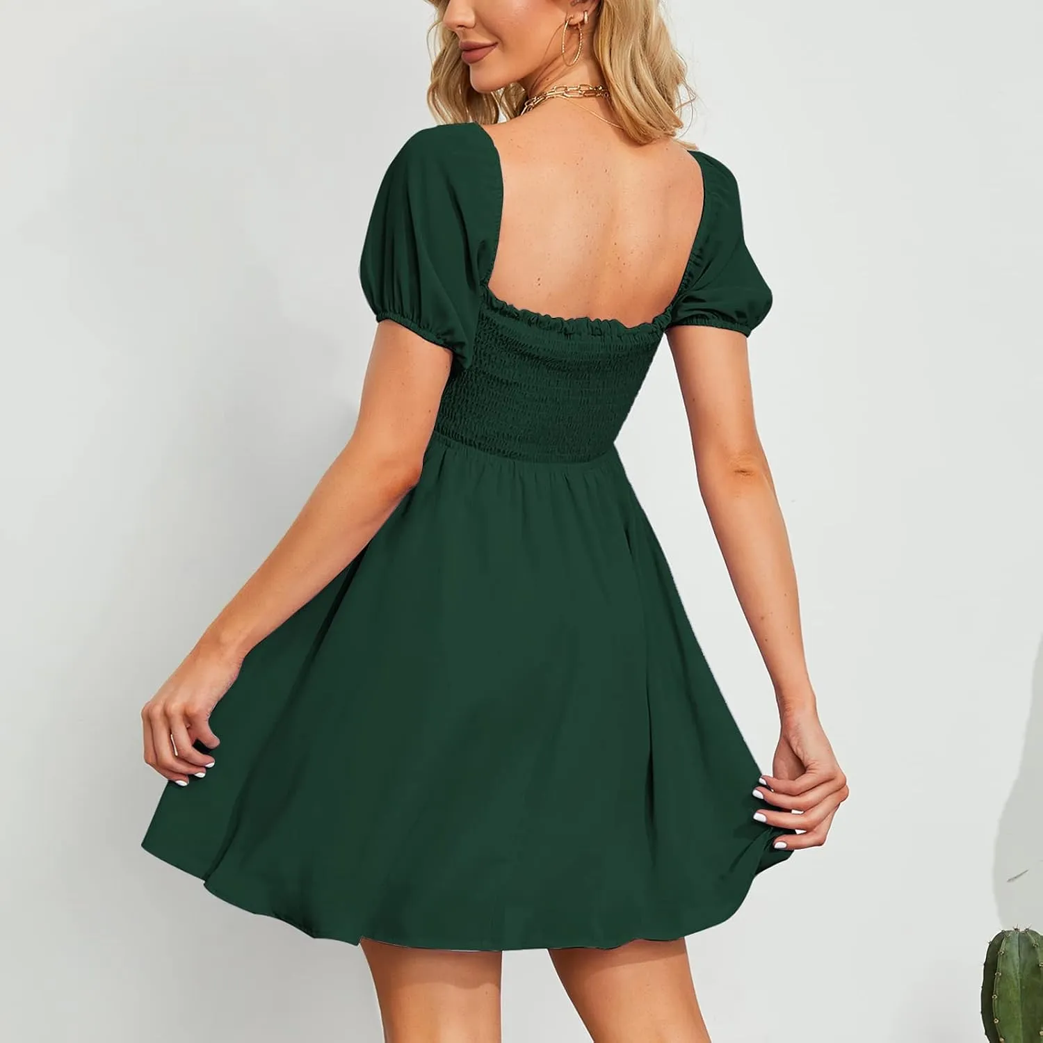 Byinns Women's Sweetheart Neckline Dress Smocked Sundress Puff Short Sleeve Drawstring Dresses