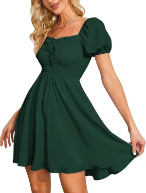 Byinns Women's Sweetheart Neckline Dress Smocked Sundress Puff Short Sleeve Drawstring Dresses
