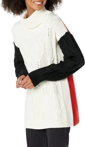 Cable Stitch Women's Cable Turtleneck Sweater - Oversized Colorblock Contrast Long Sleeve Chunky Pullover Knit Top