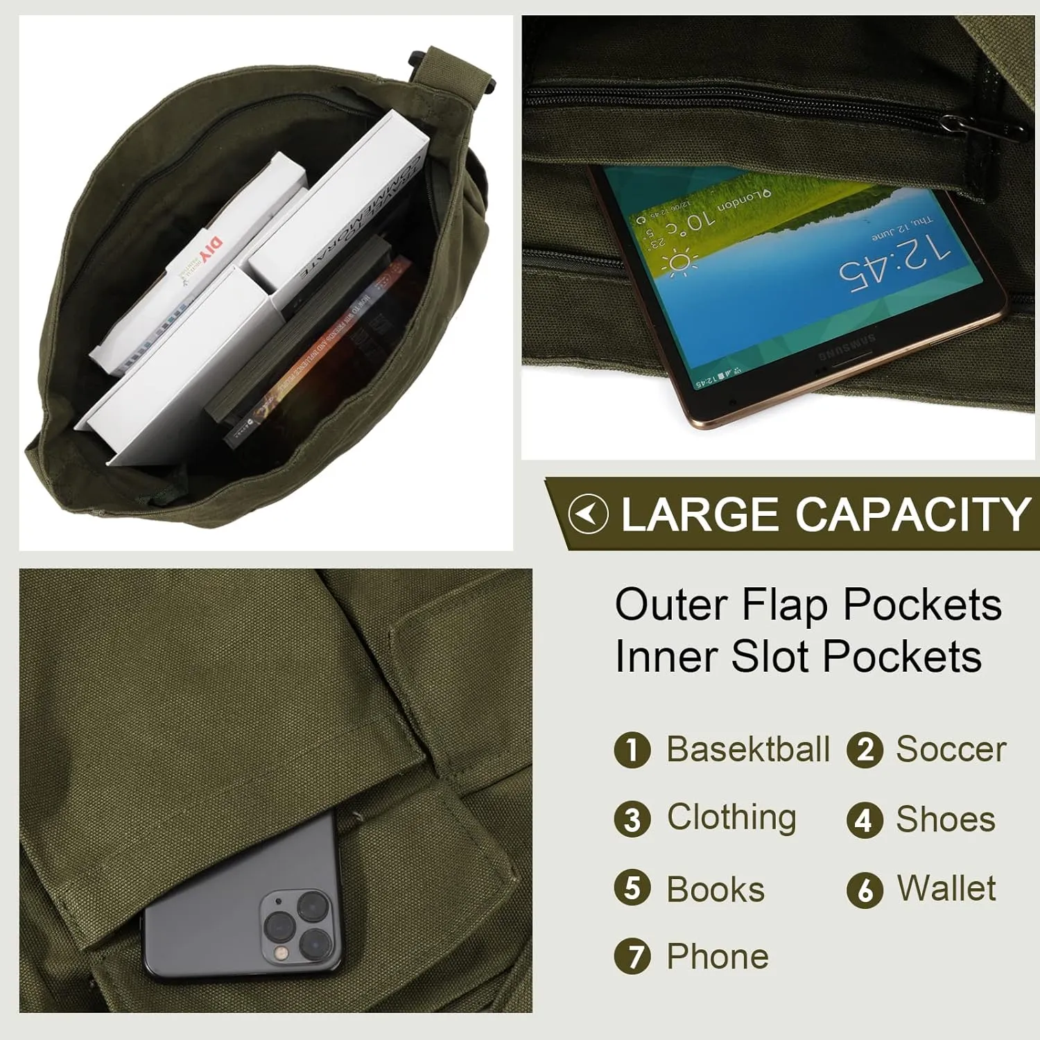 Canvas Messenger Bag Large Hobo Crossbody Bags with Multiple Pockets,School Vintage Shoulder Laptop Bag for Women and Men