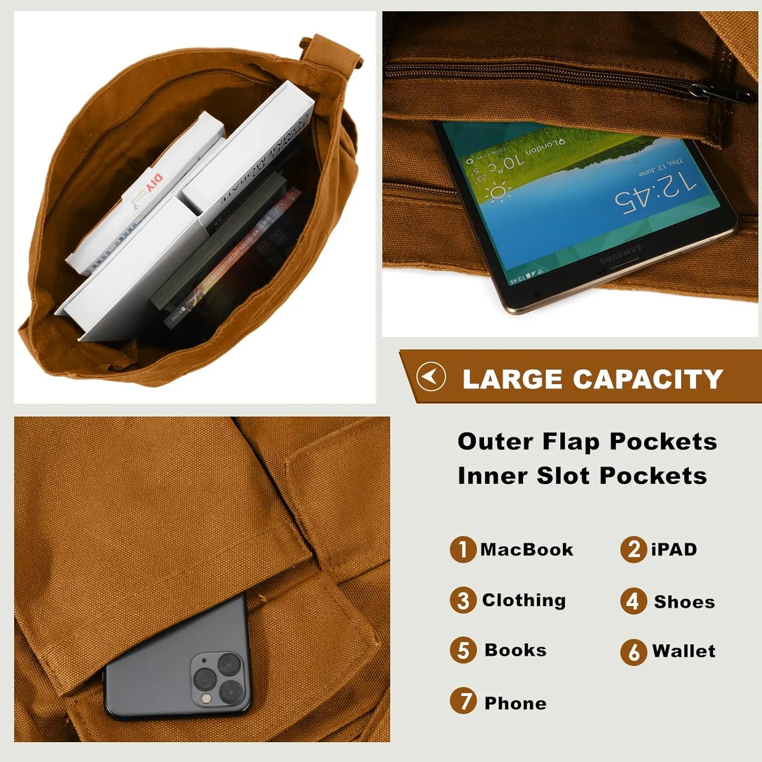 Canvas Messenger Bag Large Hobo Crossbody Bags with Multiple Pockets,School Vintage Shoulder Laptop Bag for Women and Men