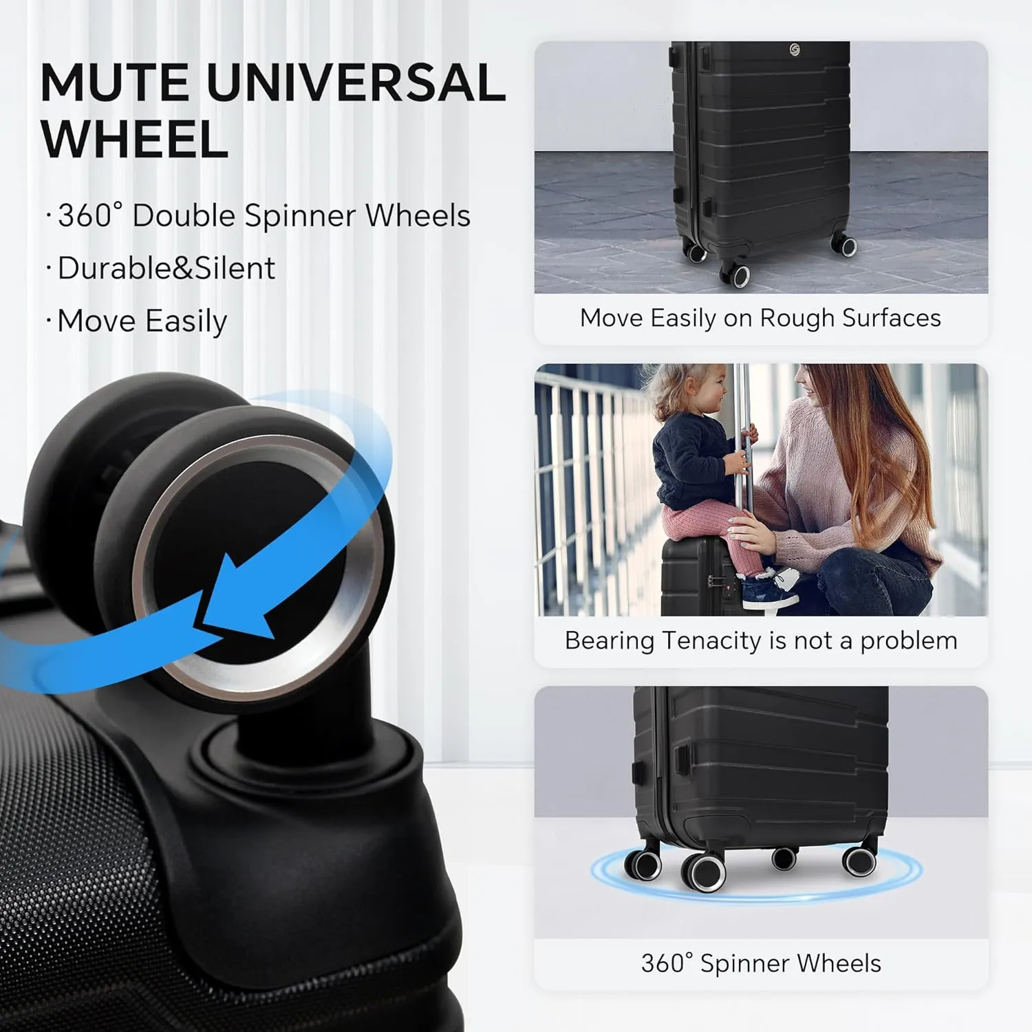 Carry on Luggage Set 4 Piece Suitcase Set Lightweight with 4 Spinner Wheels and TSA Locks (Black)