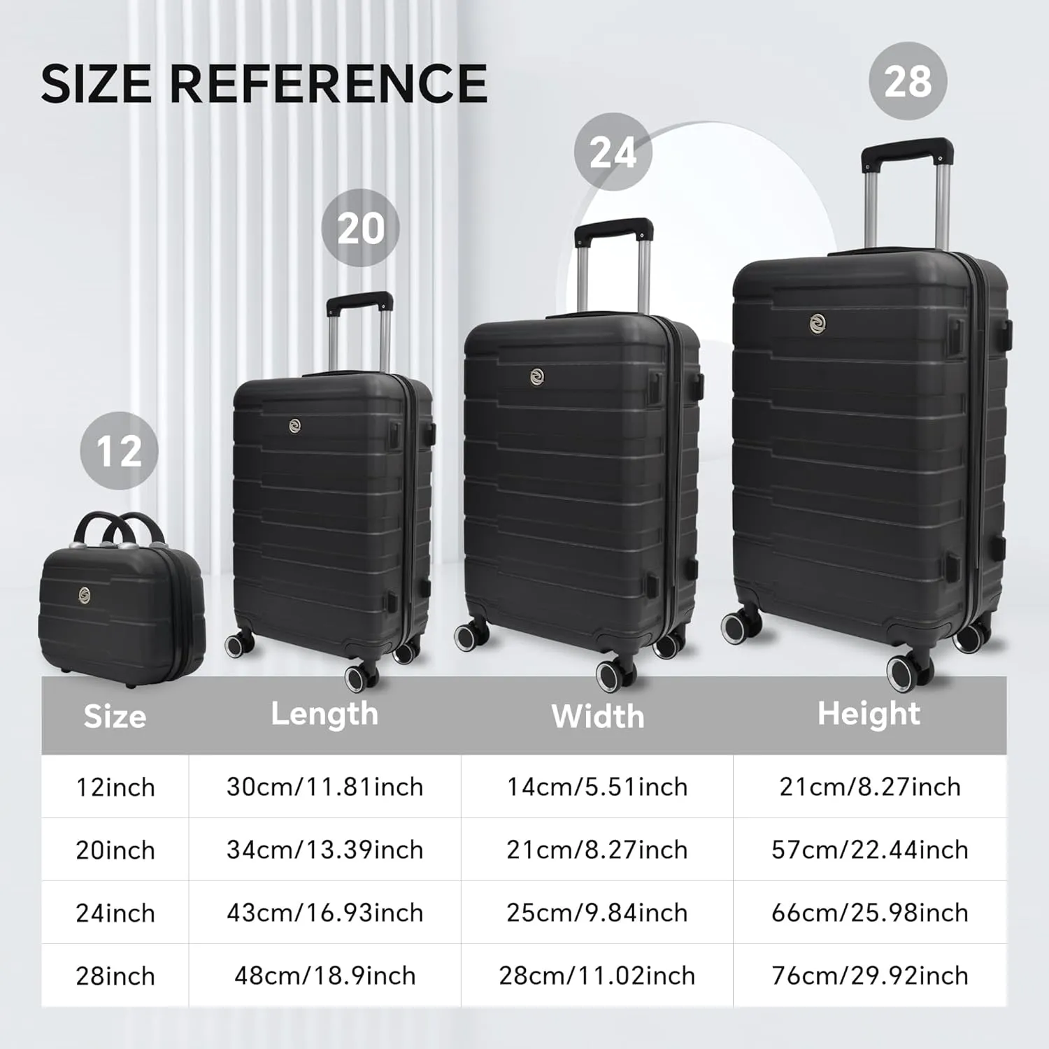 Carry on Luggage Set 4 Piece Suitcase Set Lightweight with 4 Spinner Wheels and TSA Locks (Black)