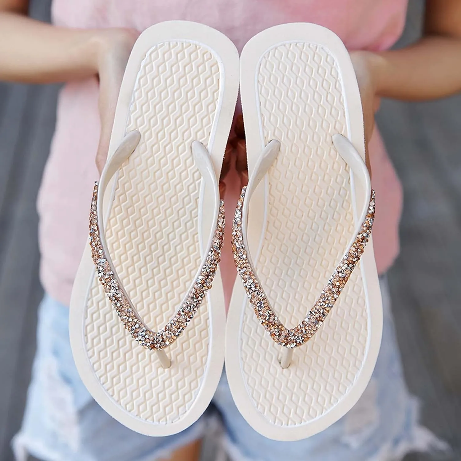 CERYTHRINA Women's Rhinestone Wedge Flip Flops 2.4 inch Summer Platform Sandals
