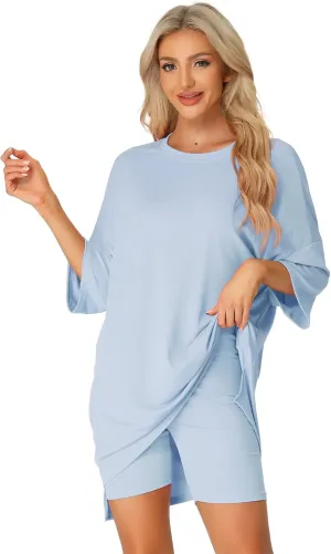 cheibear Womens Oversized Lounge Set Plus Size Workout Sweatsuits 2025 T-Shirt with Biker Shorts Outfits Sets