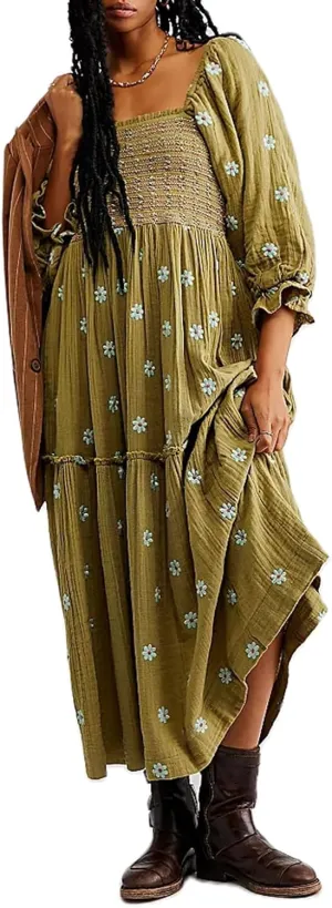Chloefairy Women's Flower Embroidered Maxi Dress Lantern Sleeve Square Neck Tiered Flowy Spring Fall Dress