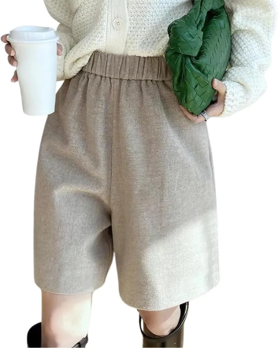 chouyatou Women's Business Casual Shorts Elastic High Waisted Pleated Wool Wide Leg Shorts with Pockets