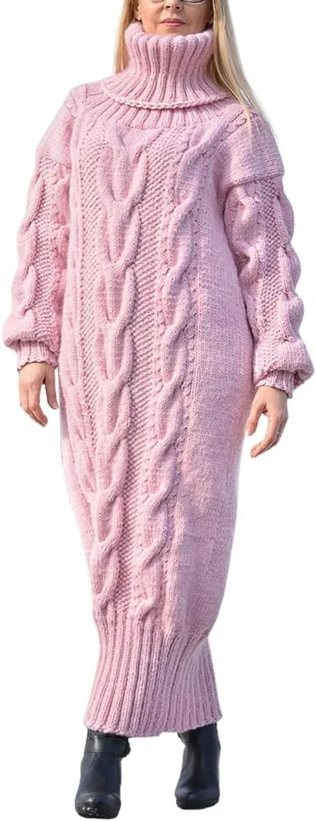 chouyatou Women's Chunky Turtleneck Sweater Dress Cable Knit Maxi Long Pullover Sweater Dress