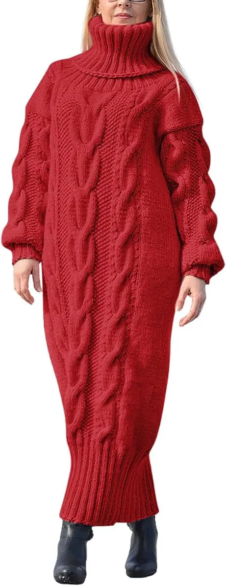 chouyatou Women's Chunky Turtleneck Sweater Dress Cable Knit Maxi Long Pullover Sweater Dress