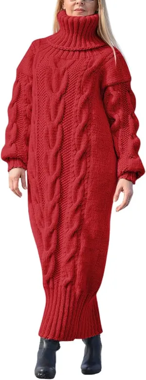 chouyatou Women's Chunky Turtleneck Sweater Dress Cable Knit Maxi Long Pullover Sweater Dress